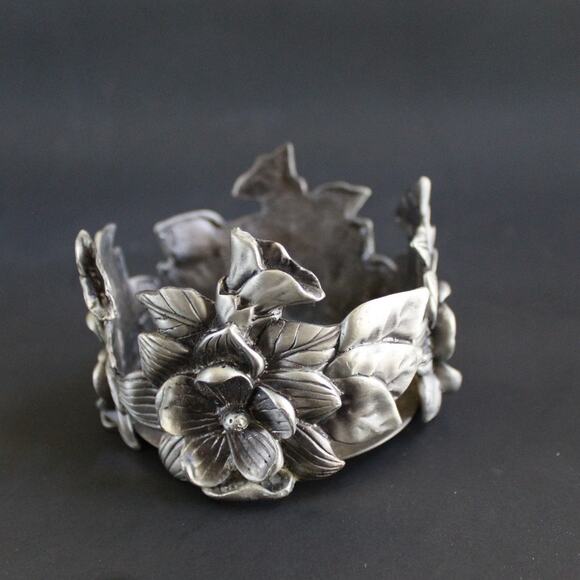 Vintage Pewter Floral Candle Holder 3x4 Ornate Metal Flower Decor - Picture 2 of 10
